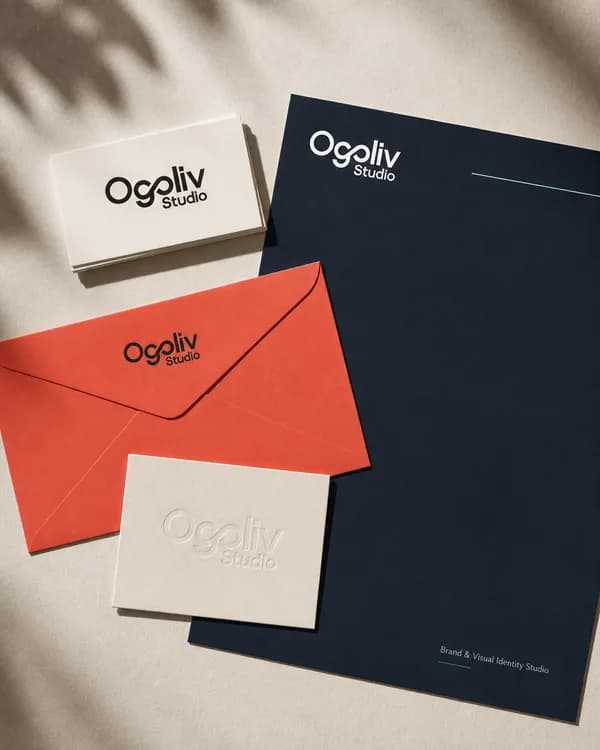 Ogoliv Studio logo suite across printed stationery