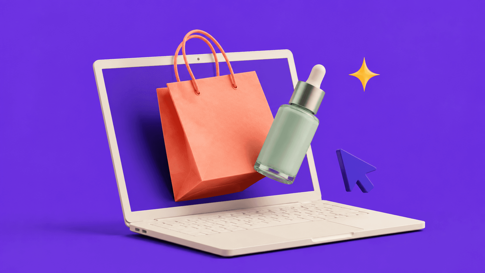 A laptop on violet with a coral shopping bag and a serum dropper rising out of the screen
