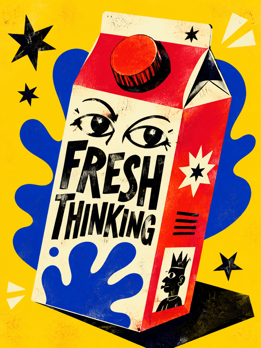Fresh Thinking poster: illustrated carton with eyes on a yellow and blue ground