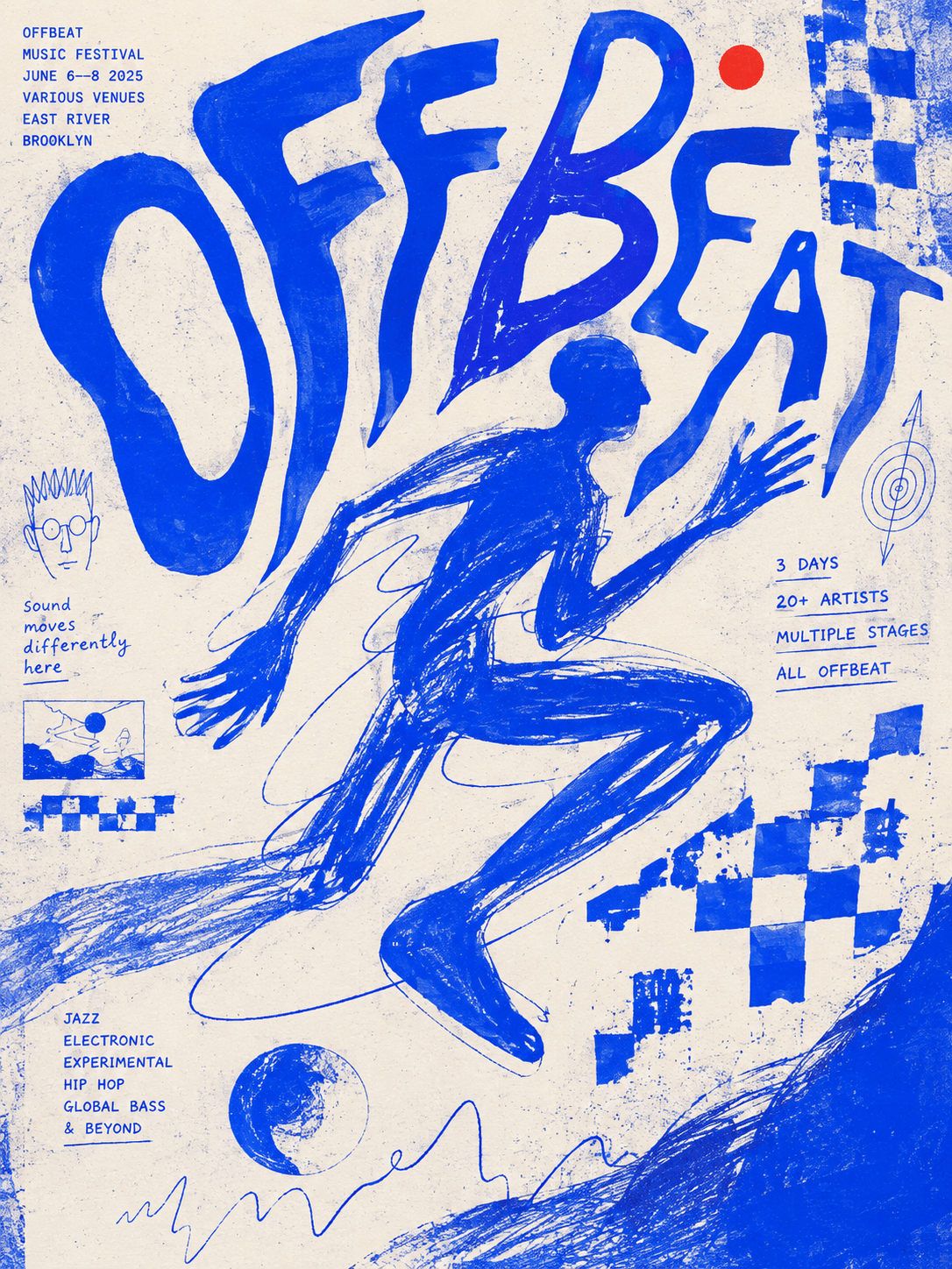 Offbeat music festival poster: brush-lettered title over a blue sketched figure on cream